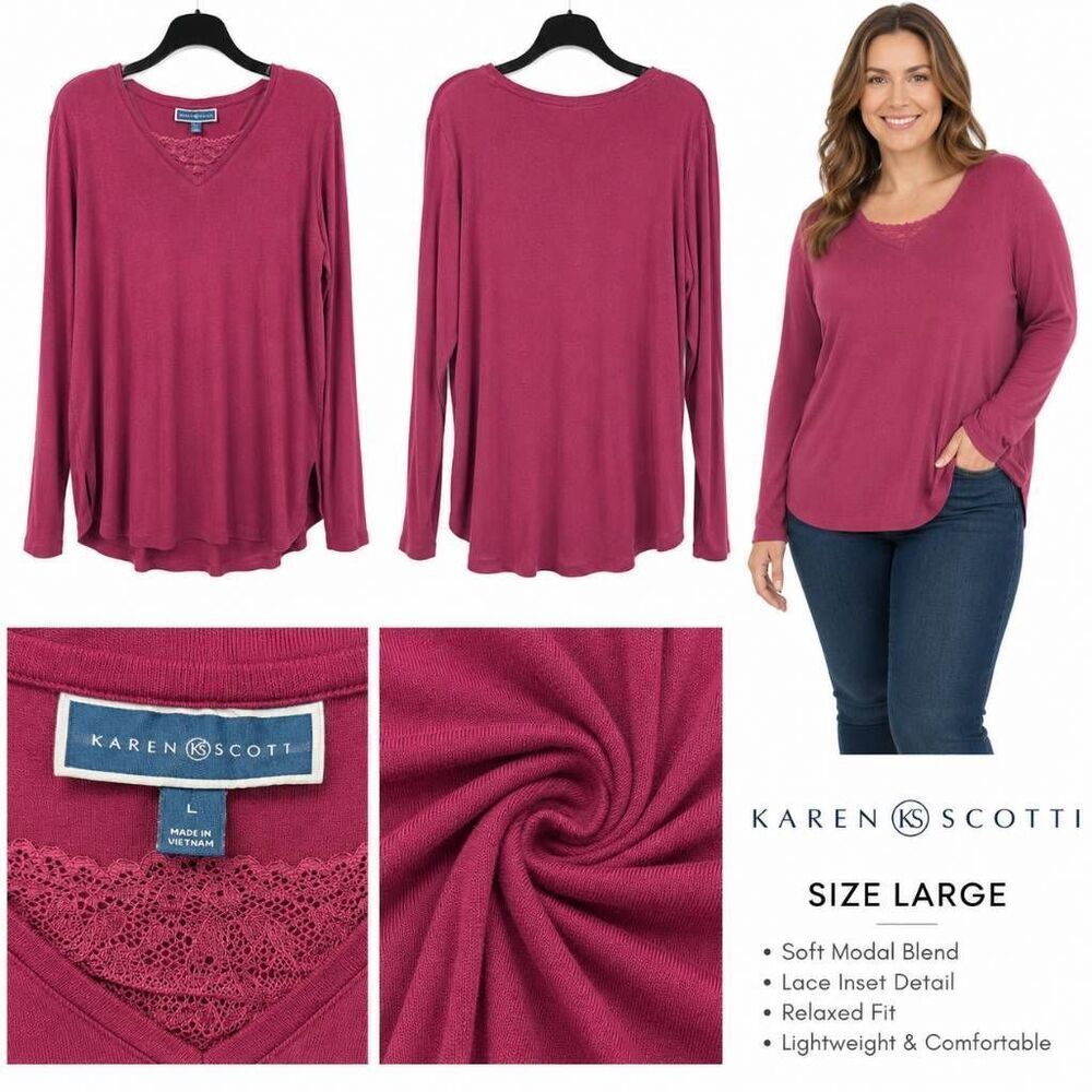 Karen Scott Lace V Neck Top Red L Cotton